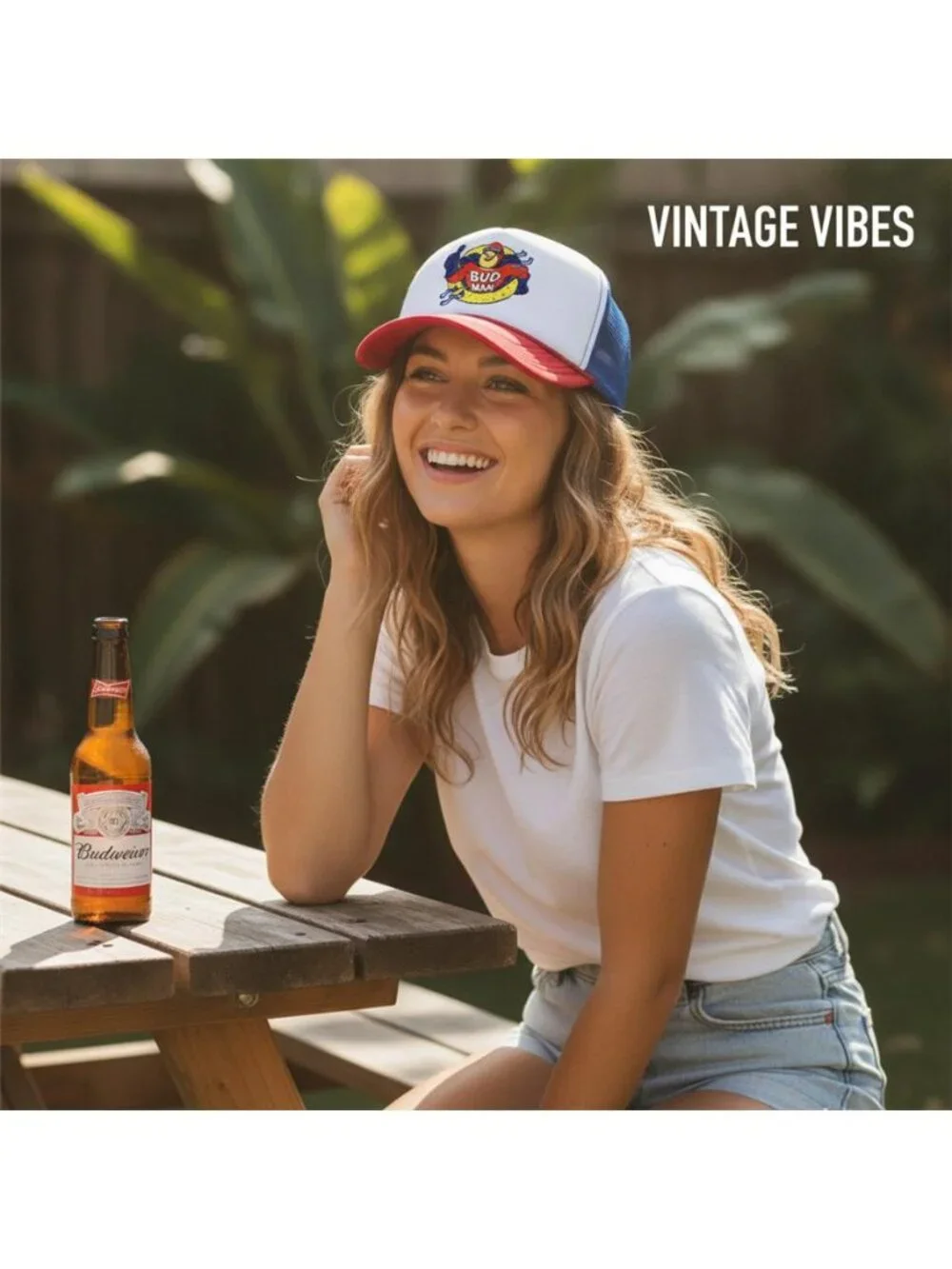 Retro Bud Man Foam Trucker Hat Red White Blue Superhero Beer Rope Snapback New